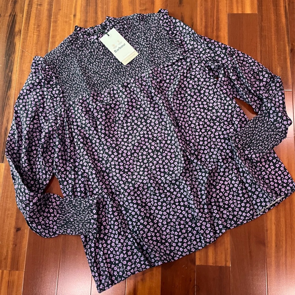 Barbour Midhurst Top Blouse Purple Floral Smock Long Sleeve High Neck New USA 14